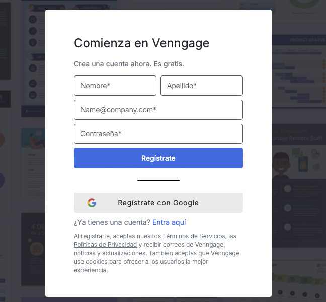 Espacio para que te registres en Venngage, y asea mail, cuenta de Facebook o Gmail.