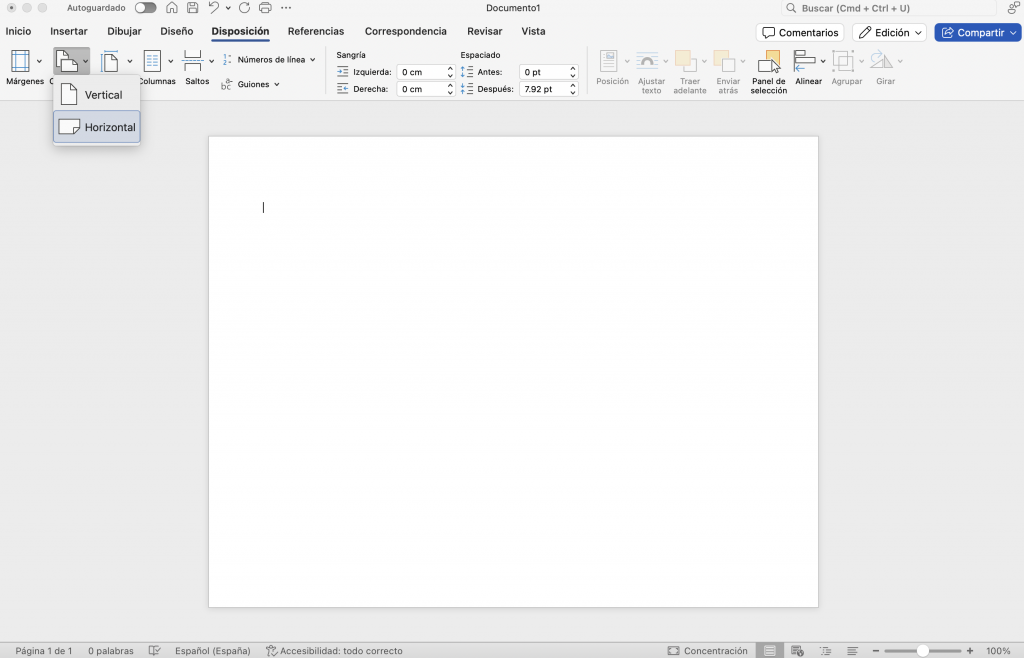 Establecer en horizontal la página de Word
