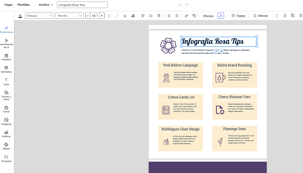 Captura de pantalla de un editor en línea de infografías. En el panel izquierdo aparecen herramientas como Kit de marca, Plantillas, Elementos, Texto, Formas y líneas, Iconos, Imágenes, Gráficos, Mapas y Proyectos. Al centro se muestra una plantilla titulada Infografía Rosa Tips con un ícono de flor. Incluye seis recuadros con títulos y descripciones en inglés: Pink Ribbon Campaign, Barbie Brand Branding, Cotton Candy Art, Cherry Blossom View, Bubblegum Chart Design y Flamingo Stats. Cada recuadro tiene un ícono ilustrativo en color púrpura sobre fondo beige.